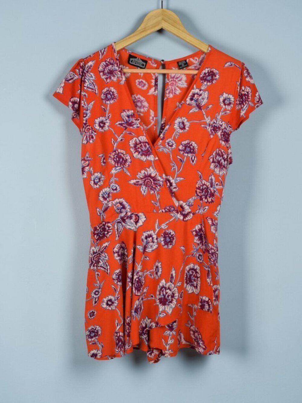 ANGIE BOHO ORANGE & RED FLORAL ROMPER ELASTIC WAIST